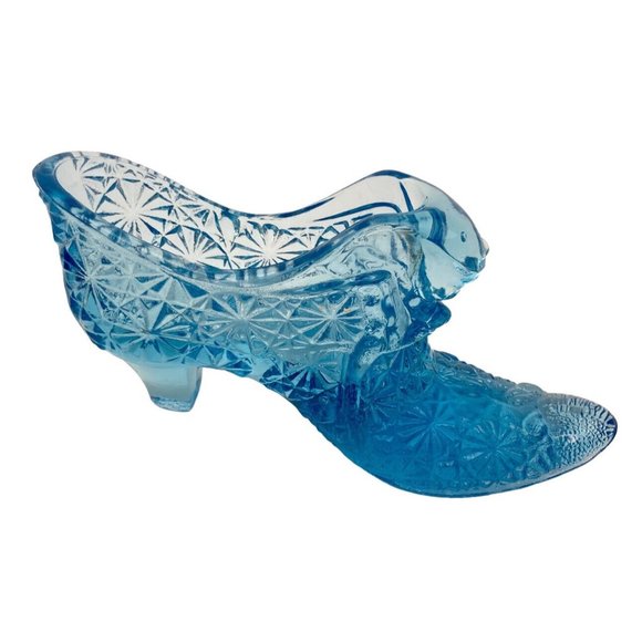 Fenton Other - *Vtg Fenton Art Glass Slipper Shoe Daisy & Button Cat Head Light Blue Figurine